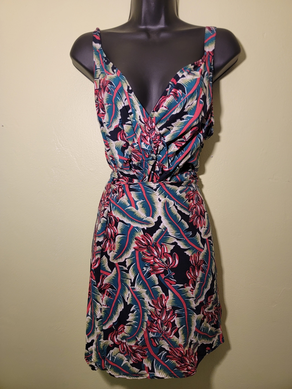 Tropical Floral Wrap-Front Summer Dress - Green with Red & Teal